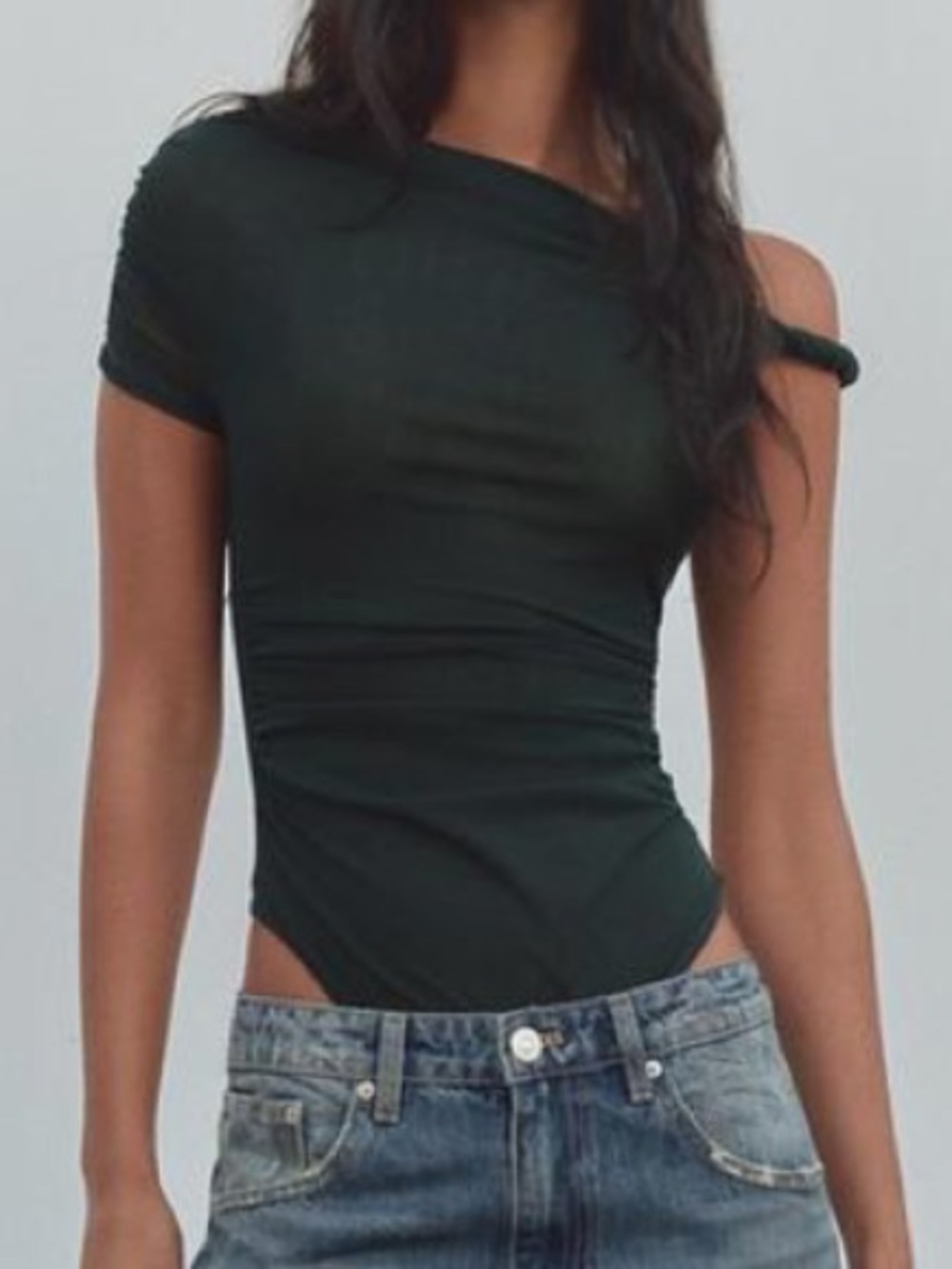 Zara Dark Green Women's Mesh Asymmetrical Ruched Sleeve Top - Brand New